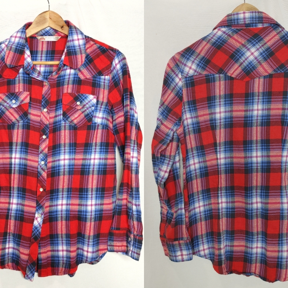 Cumberland Outfitters Snap‎ Button Flannel Pearl Plaid Pink Red Blue Large L